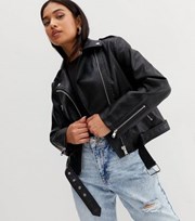 New Look Petite Black Leather-Look Belted Biker Jacket